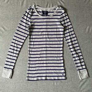 Y2K Gray Purple Striped Long Sleeve Shirt American Eagle Small Fitted